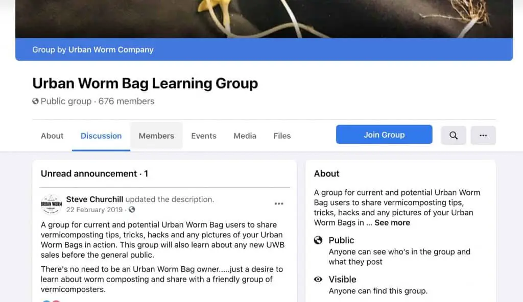 screenshot of urban worm bag facebook group