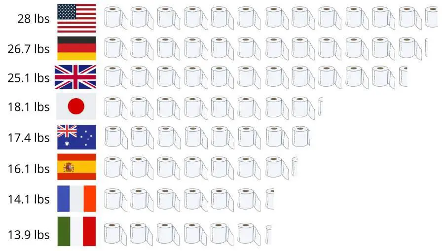 toilet paper use by country:
America 28 lbs
Germany 26.7 lbs
UK 25.1 lbs
Japan 18.1 lbs
Australia 17.4 lbs
Spain 16.1 lbs
France 14.1 lbs
Italy 13.9 lbs