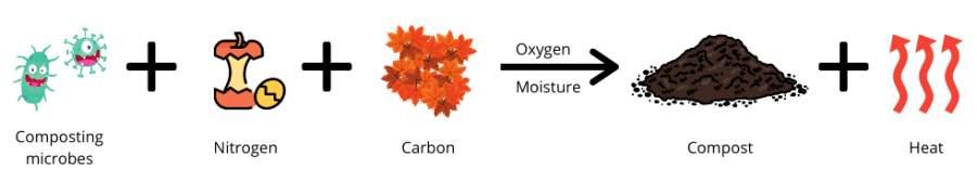 Composting microbes + nitrogen + carbon + oxygen + moisture = compost + heat